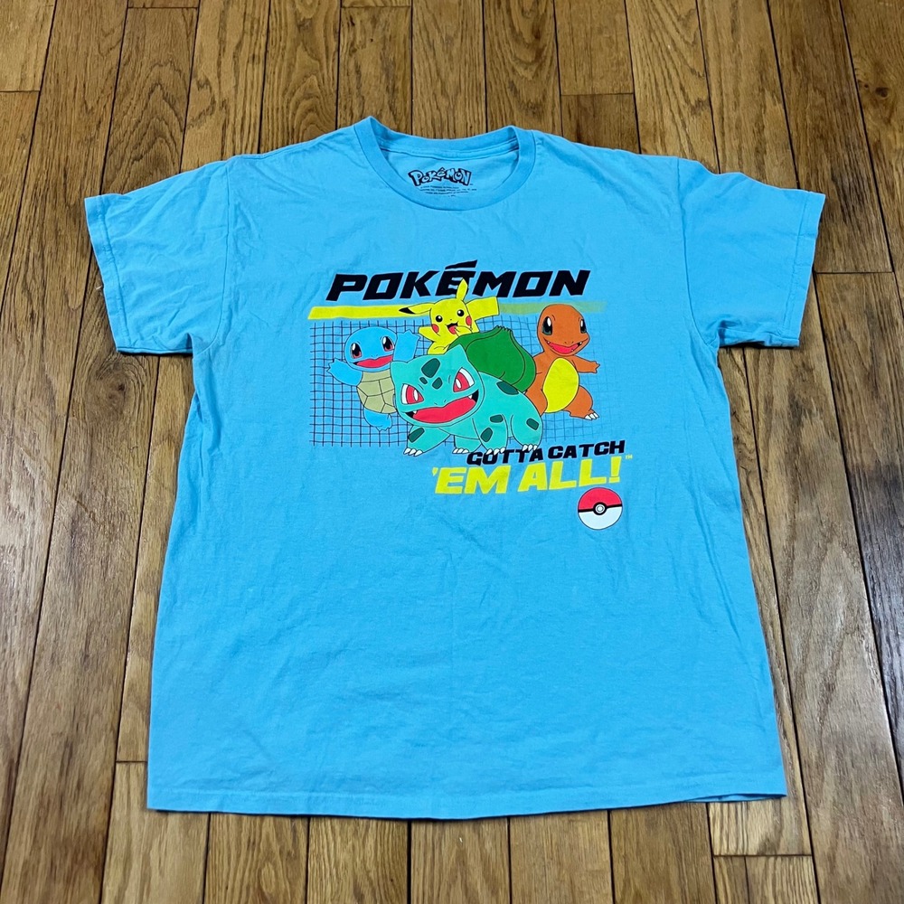 Pokemon T Shirt‎ Blue Graphic Pikachu Bulbasaur Charmander Gotta Catch Em All L